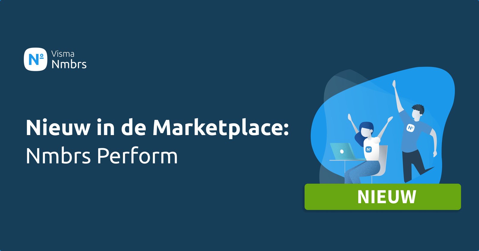 Twee geanimeerde personen die juichen bij een computer en vieren dat er een nieuw product voor performance management op de markt is